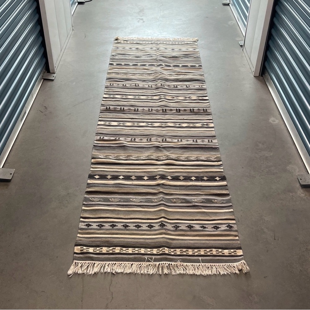 Grey Striped Patterned Runner Rug with Fringe